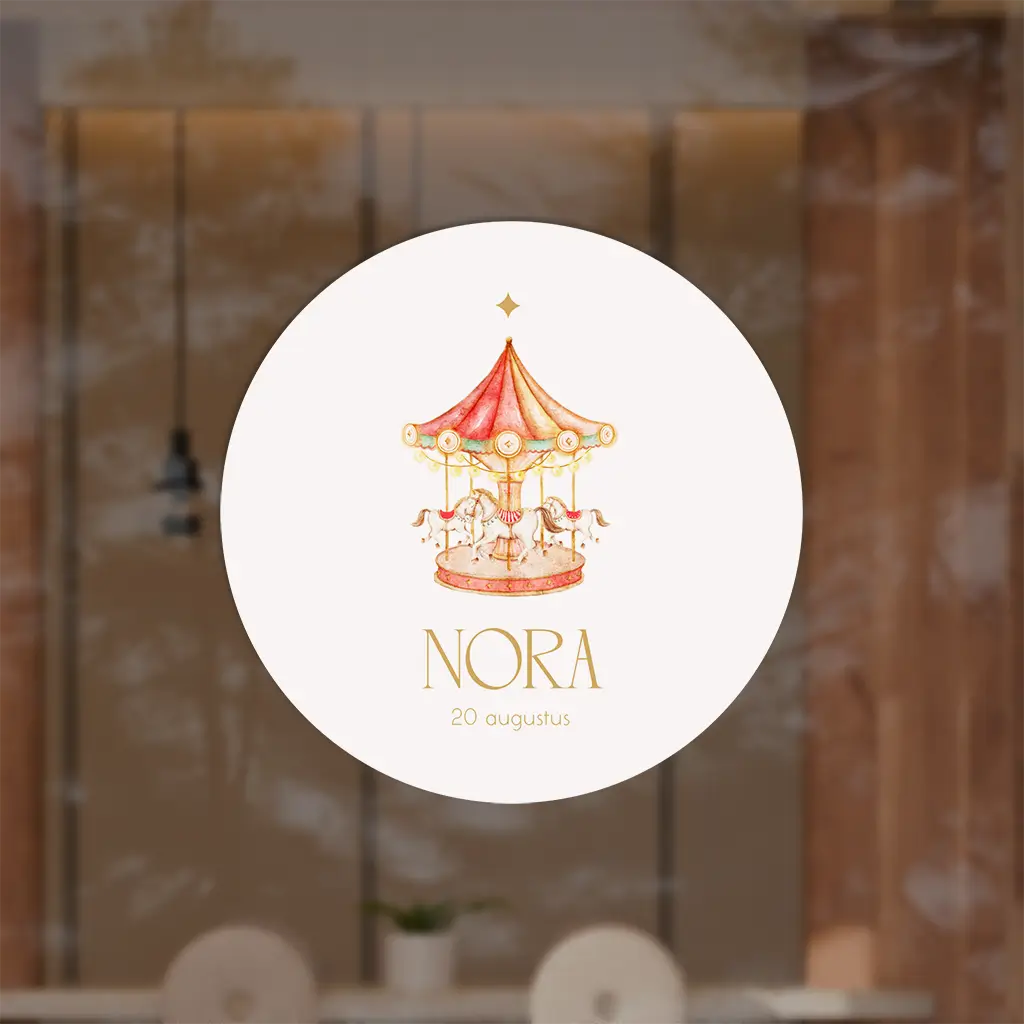 Raamsticker rond met roze carrousel 
