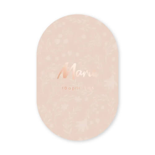 Uniek ovaal geboortekaartje met roségoudfolie en bloemenpatroon