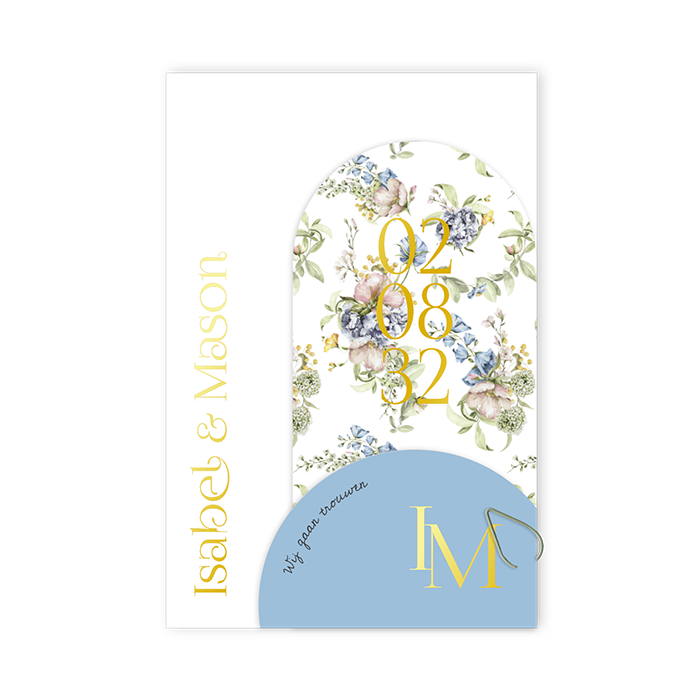 Trouwkaart met meerdere kaartjes en bloemen