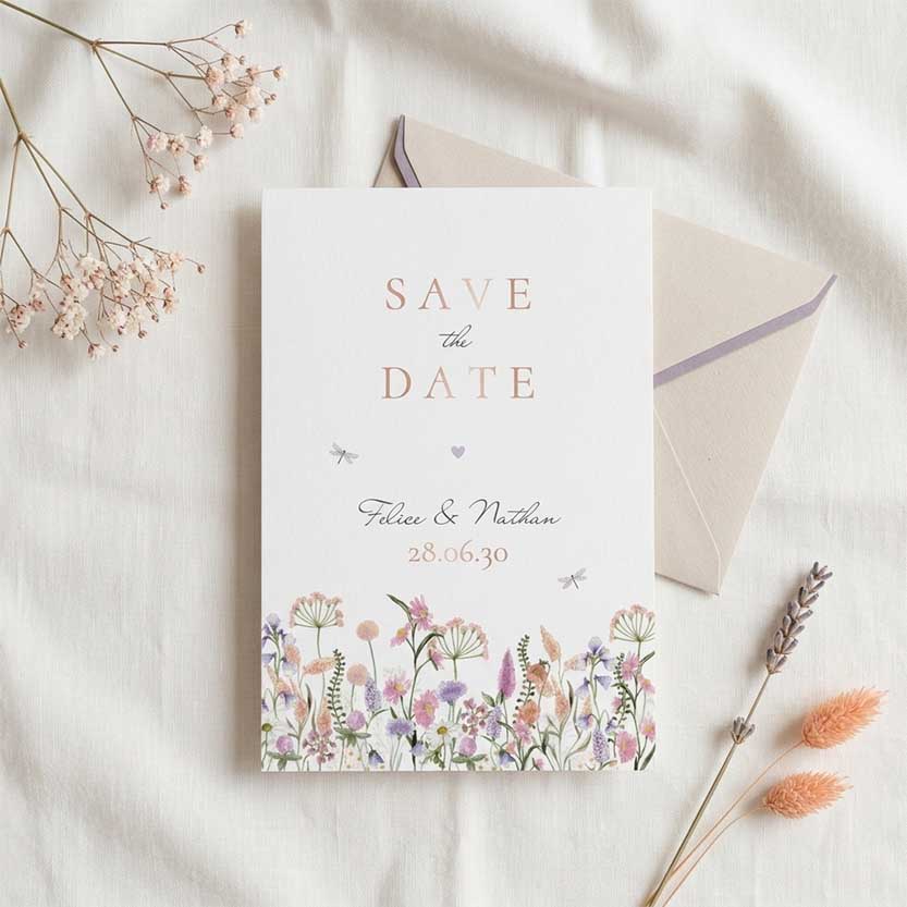 Save the Date kaart met veldbloemen in lila perzik en roze