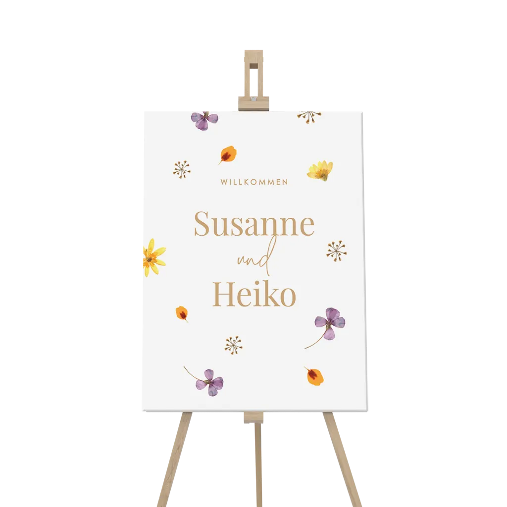 Willkommensschild Hochzeit Karton mit gepressten Blüten