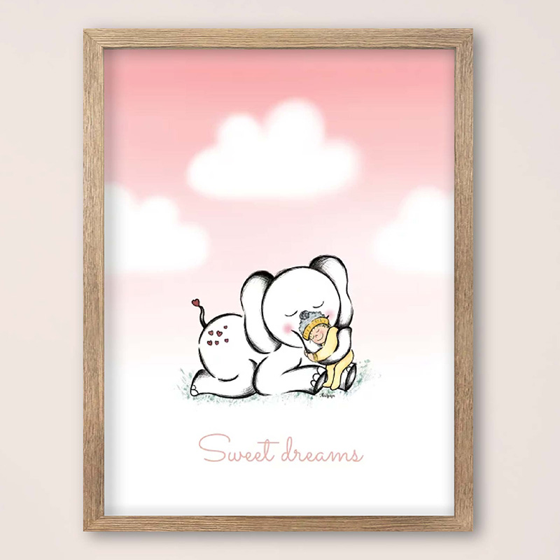Roze babykamer poster olifantje en baby