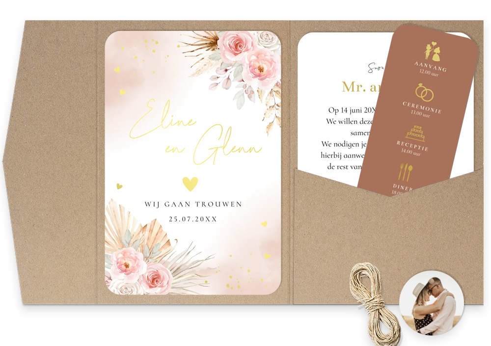 Pocketfold trouwkaart bohemian boho roze goudfolie