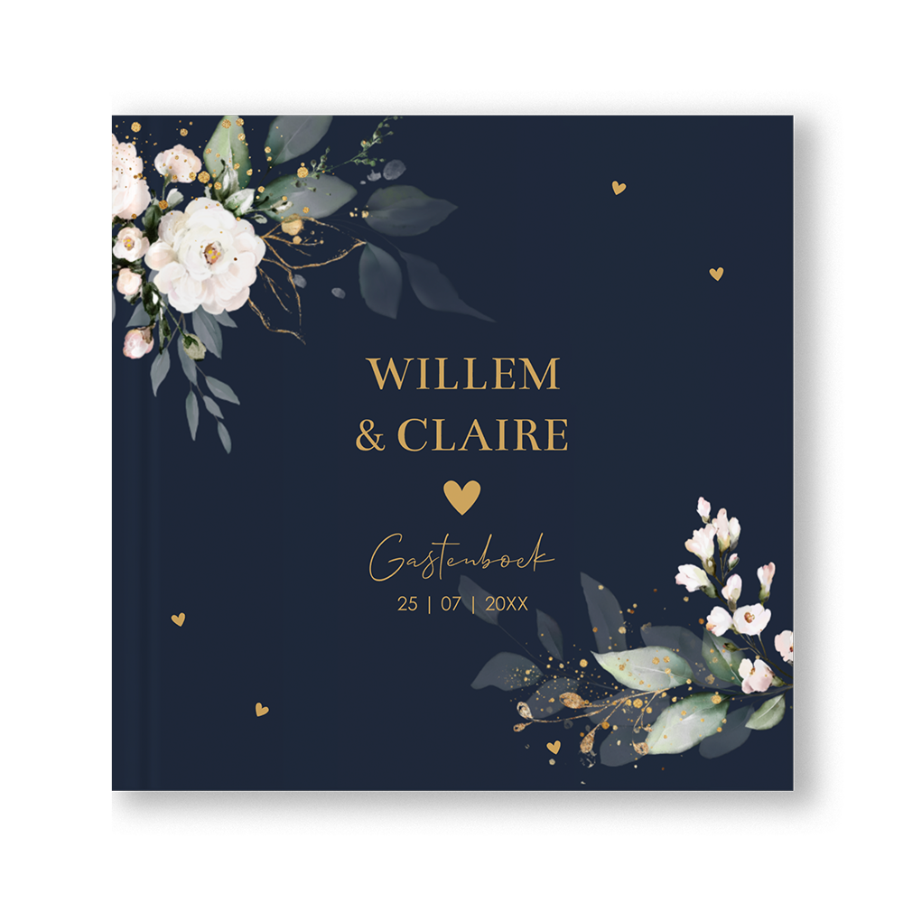 Gastenboek bruiloft donkerblauw bloemen rozen wit