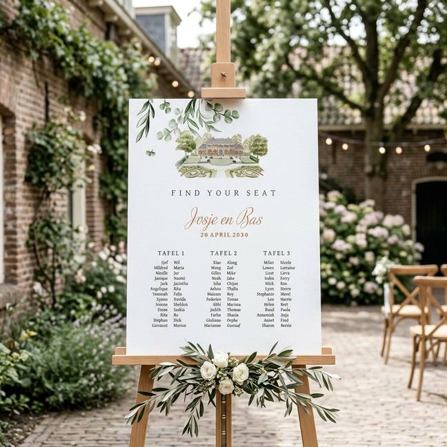 Seatingplan trouwlocatie met groene blaadjes