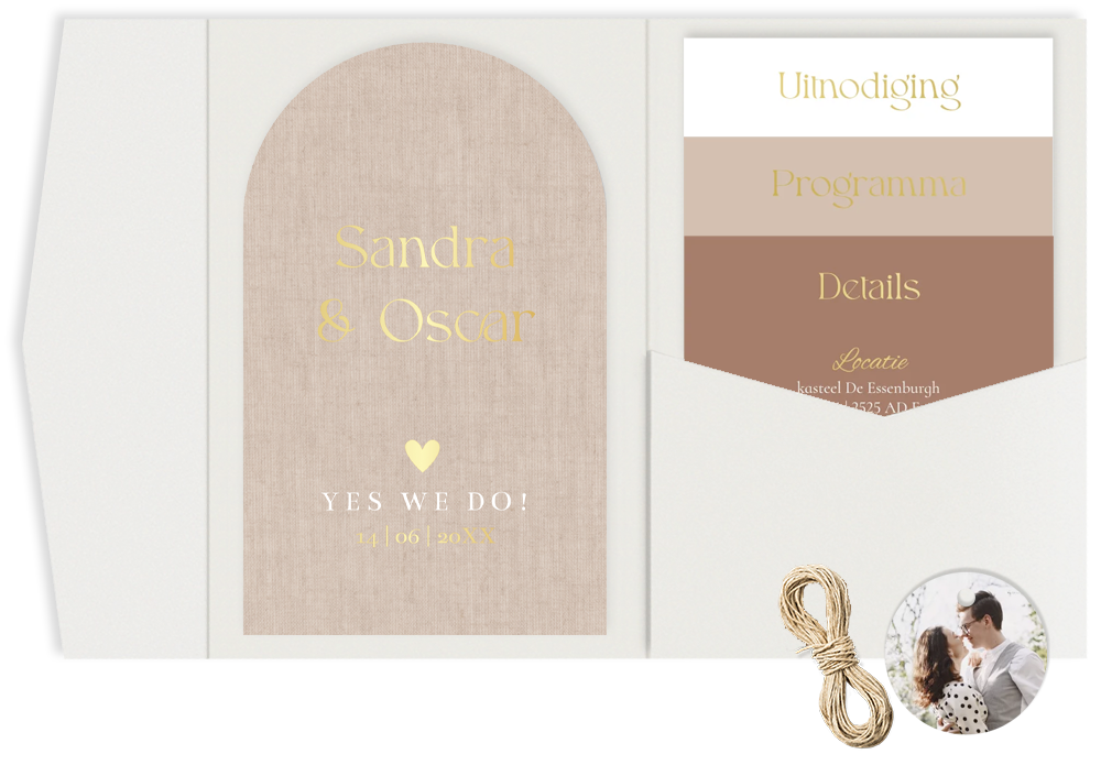 Pocketfold trouwkaart beige linnen look goudfolie