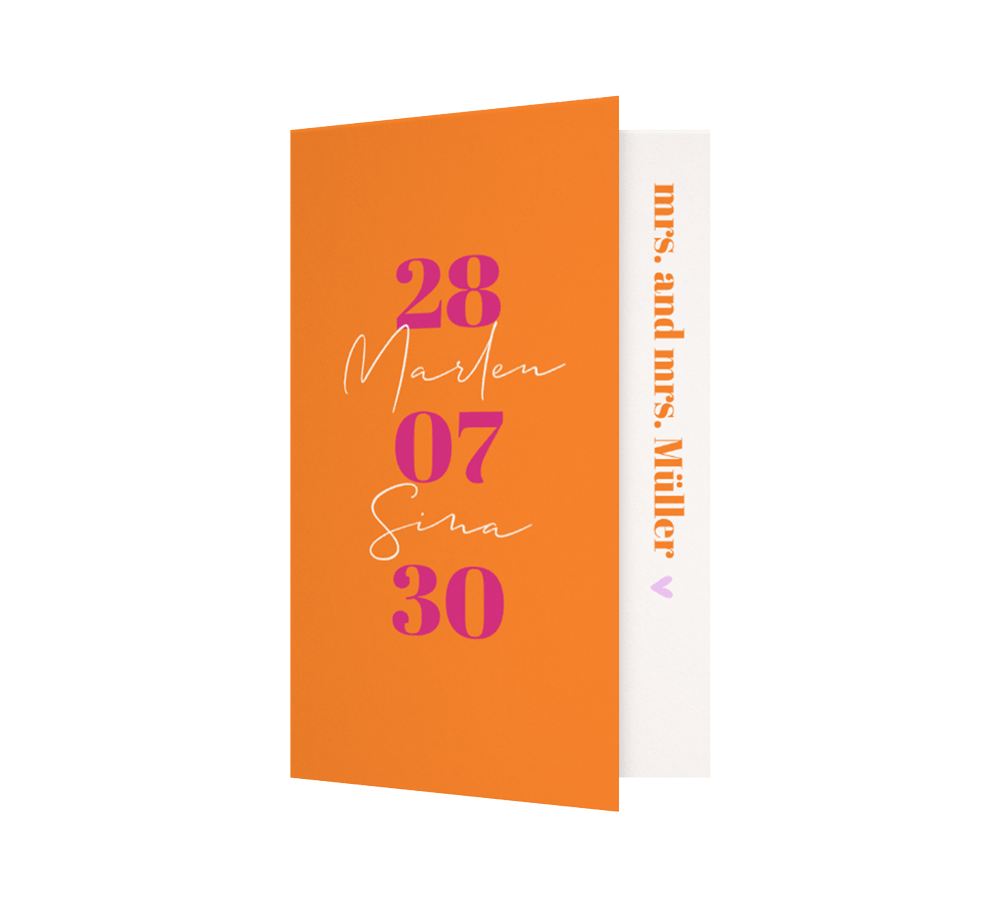 Trendige Colorblocking Hochzeitseinladung in Orange und Rosa