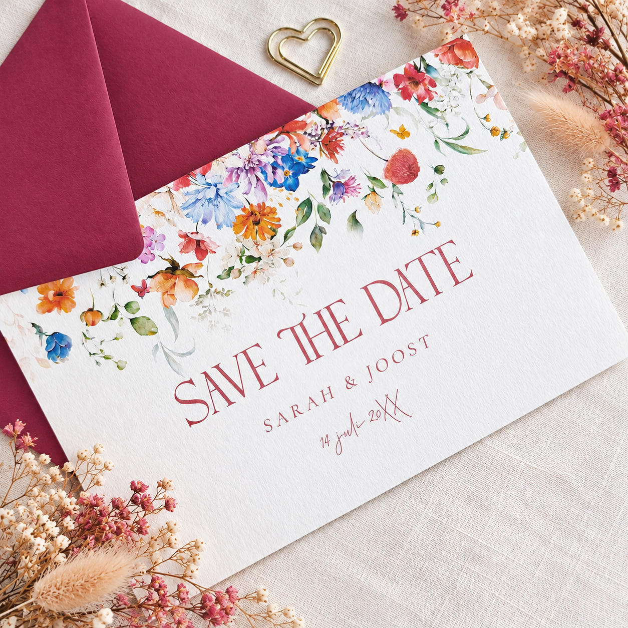Save the Date kaart wit met kleurrijke bloemen