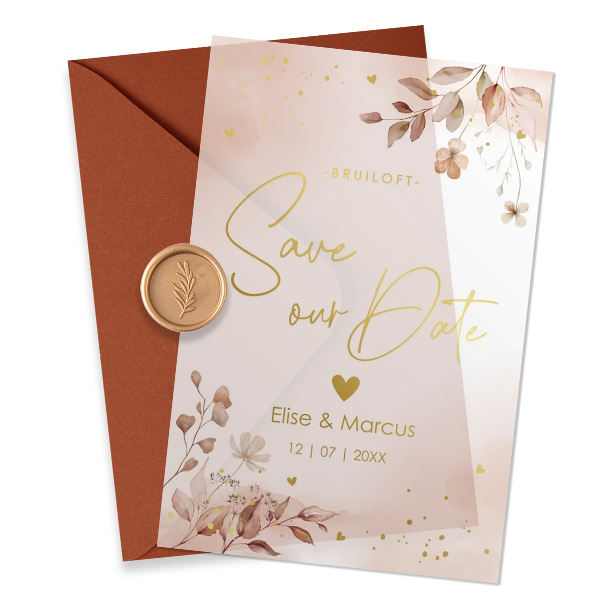 Save the Date kaart kalkpapier bloemen kalender goudfolie