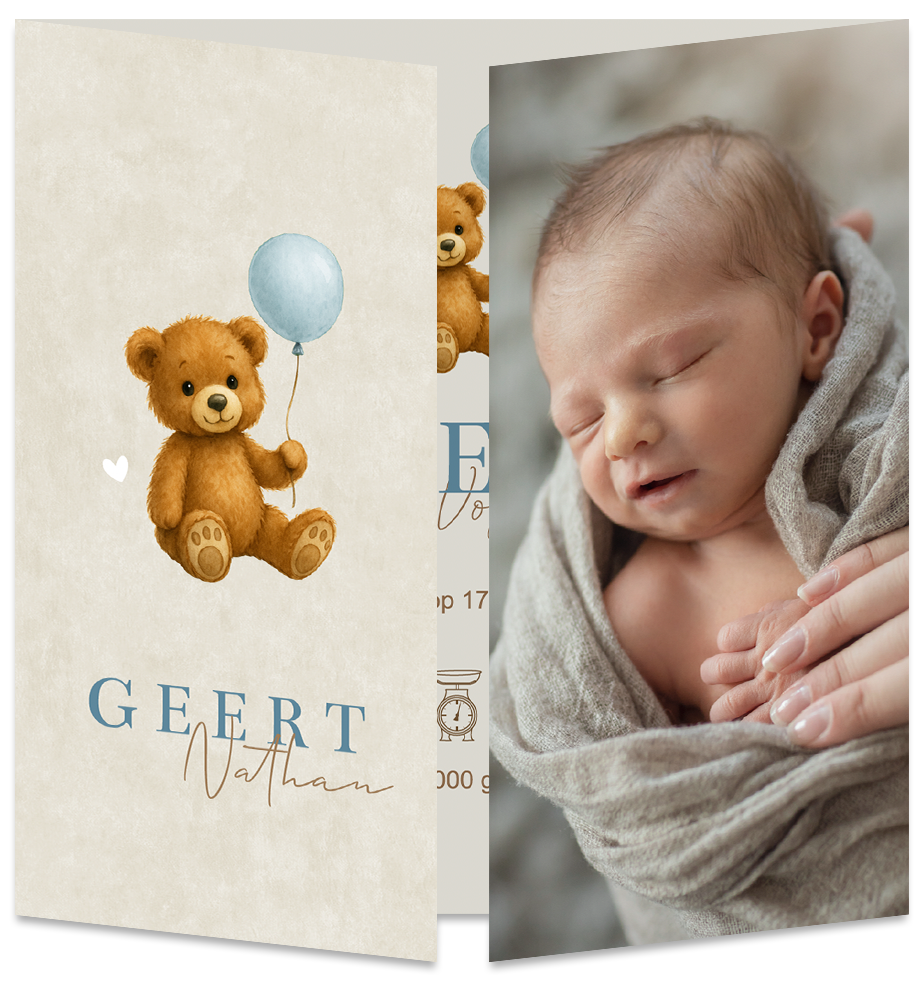 Geboortekaartje Jongen Ballon Teddybeertjes Luikkaartje