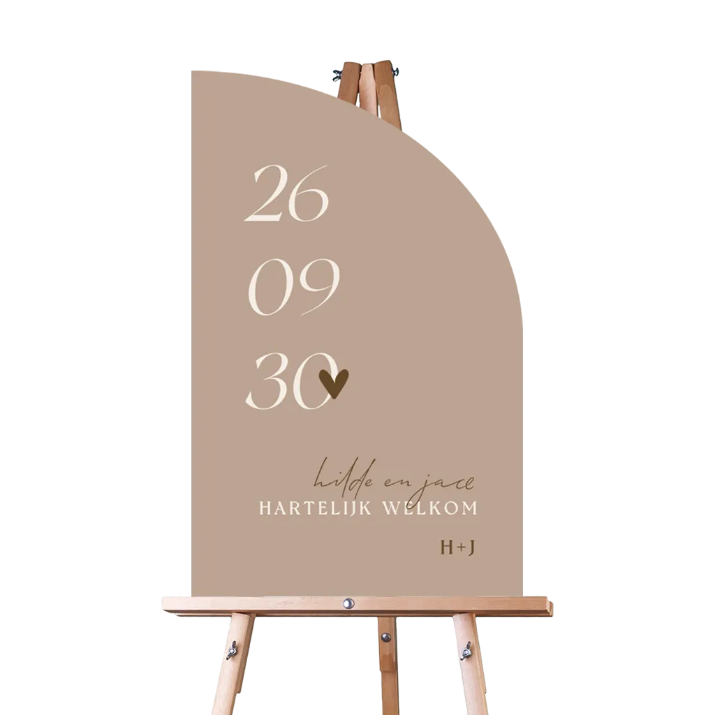 Welkomst bruiloft halve boog in beige met stijlvolle typografie 