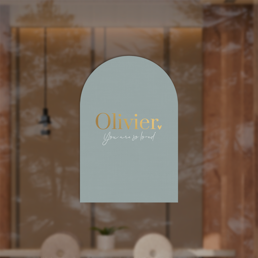 Dubbele boog-geboortekaartje blauw met folie