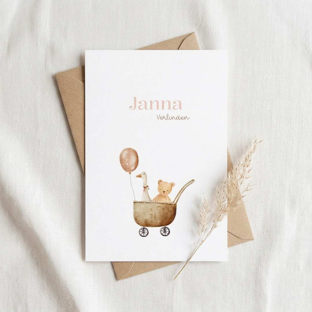 Lief geboortekaartje meisje teddybeer knuffel gans karretje