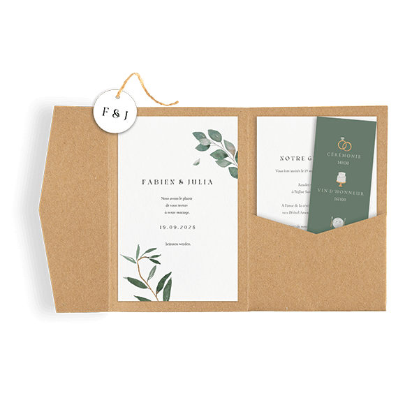 Faire-part de mariage pour pochette avec feuillages et symboles
