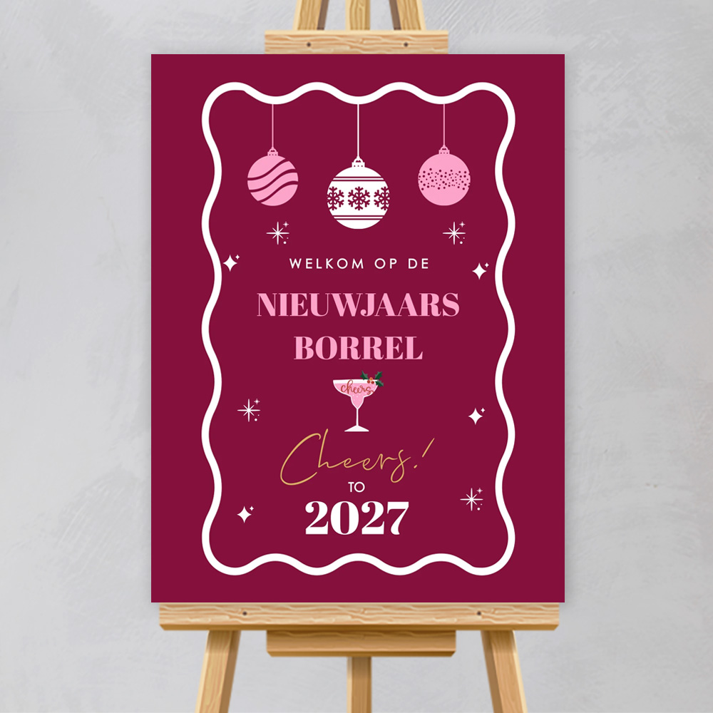 Welkomstbord nieuwjaarsborrel rood roze golvend frame