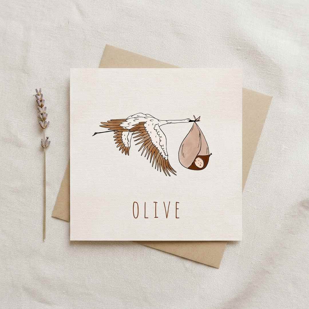 Geboortekaartje illustratie ooievaar baby meisje