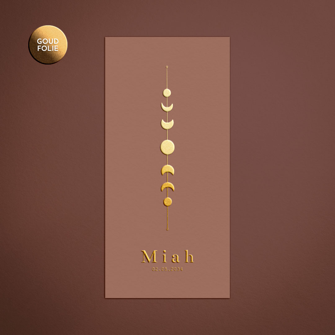 Trendy geboortekaartje met maanstanden in goudfolie