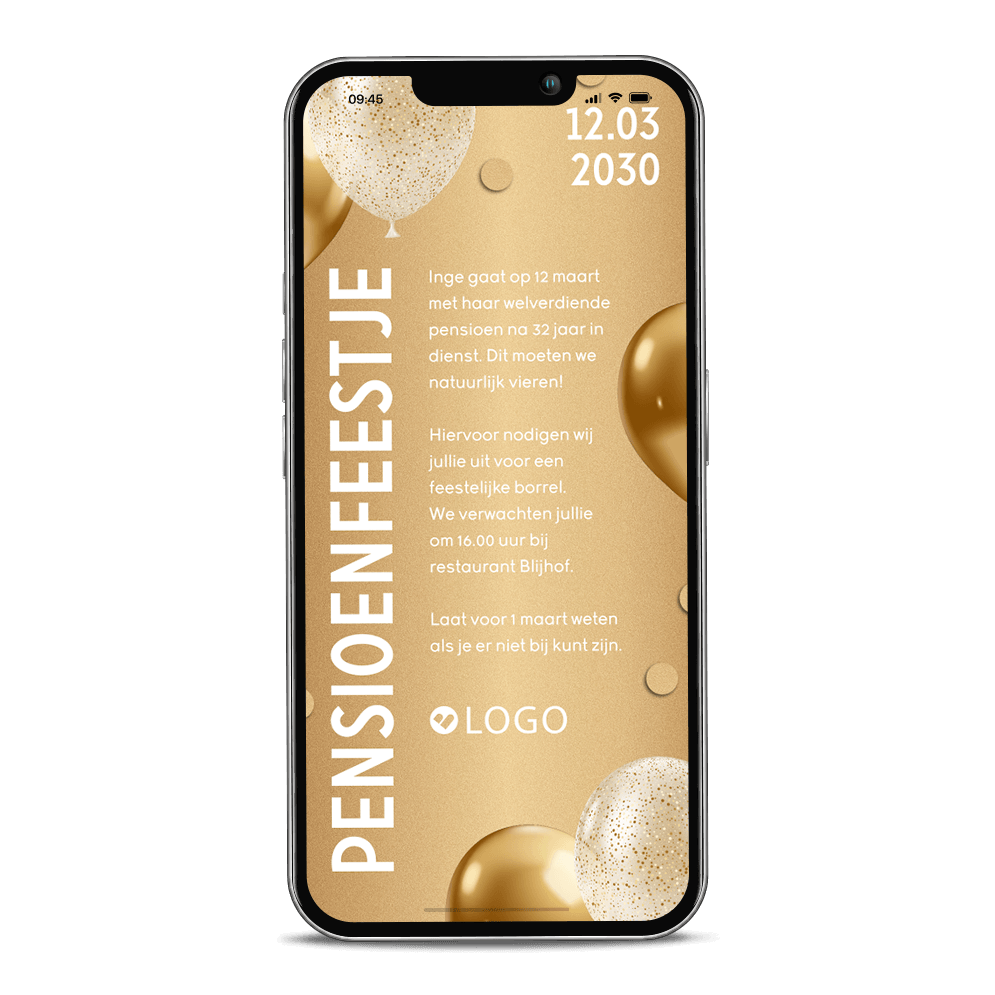 Digitale pensioenfeestje uitnodiging met ballonnen, confetti en logo