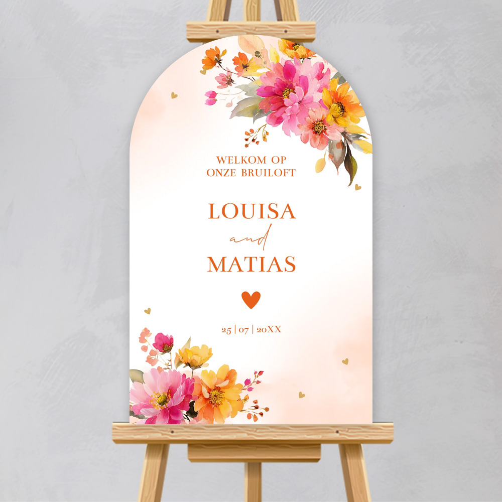 Welkomstbord bruiloft kleurrijke bloemen pink orange boog vorm