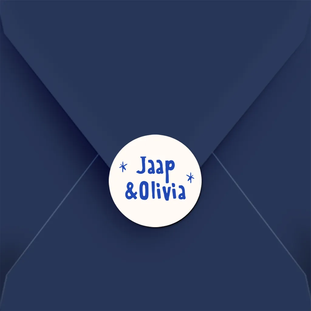 Naamsticker bruiloft in blauw en wit
