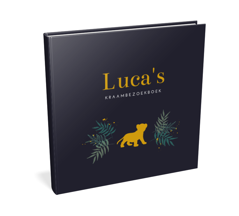 Blauw kraambezoekboek met leeuwenwelpje