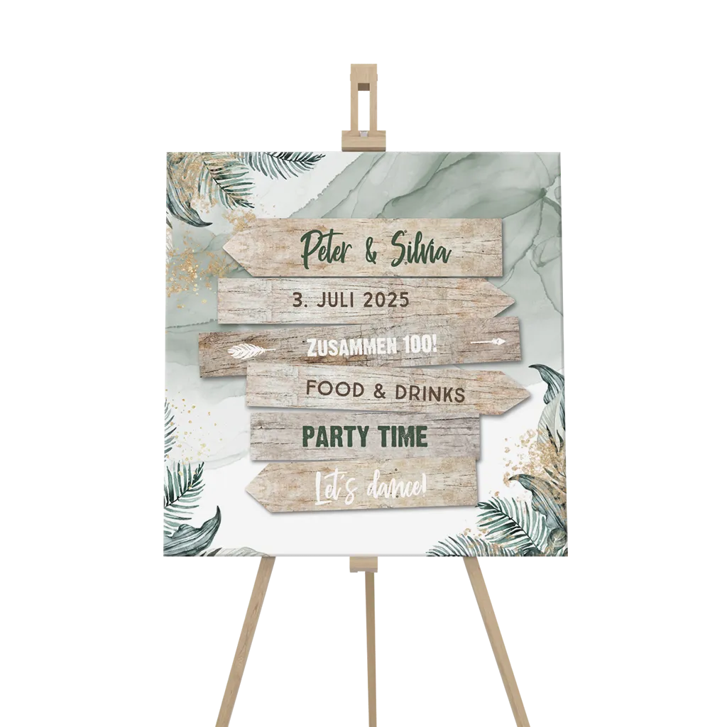 Botanisches Willkommensschild mit Wegweiser und Blättern mit Aquarell