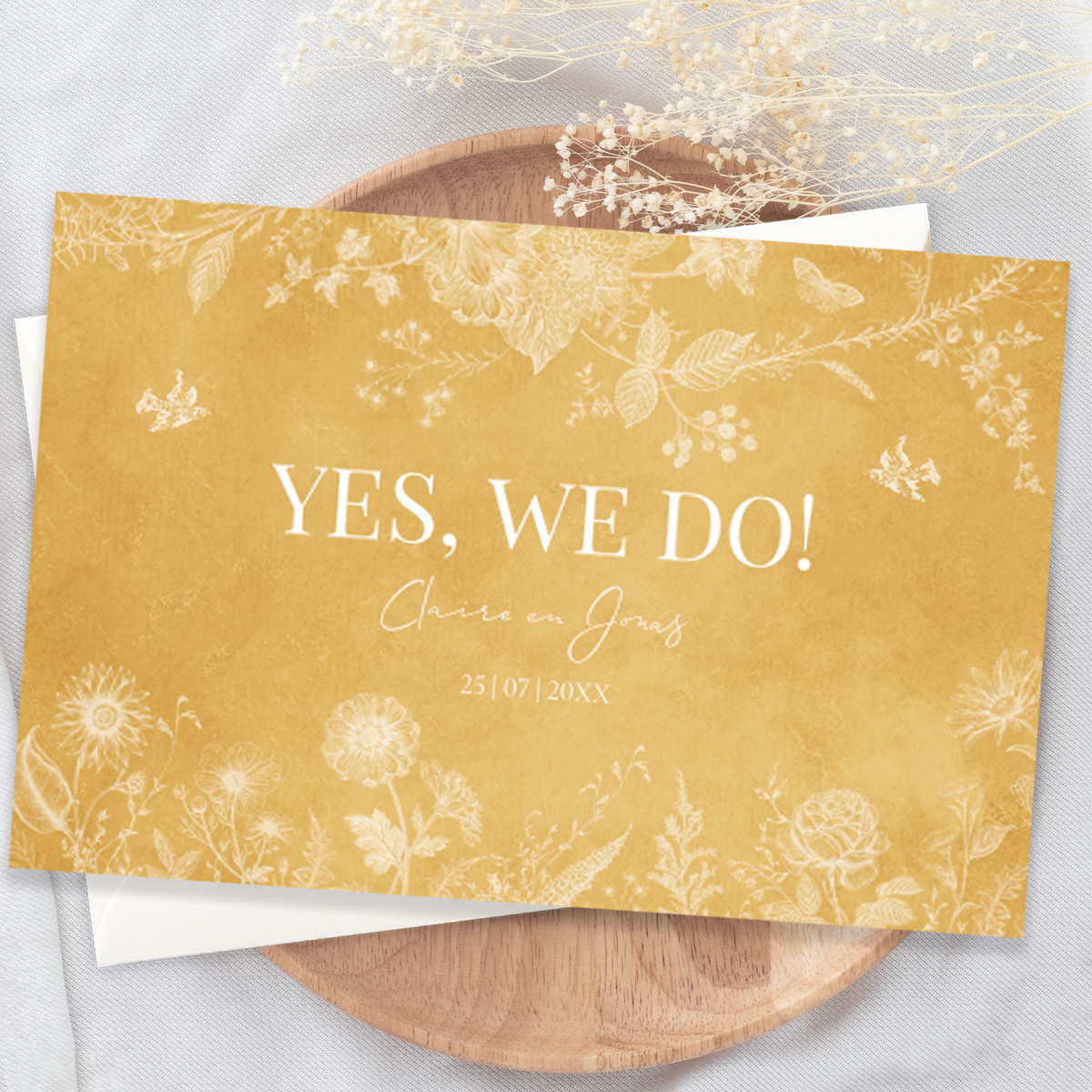 Trouwkaart geel botanisch bloemen bladeren vogels