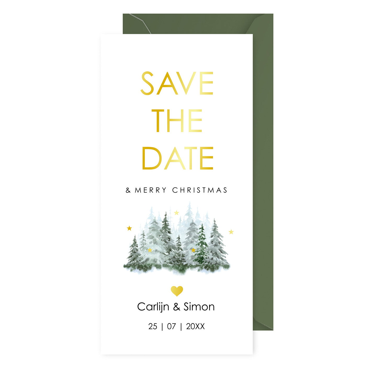Save the Date kerstkaart forrest groen goudfolie langwerpig