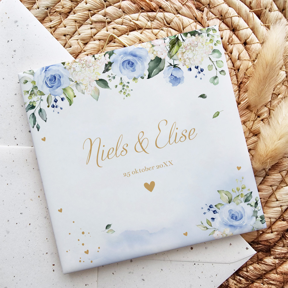 Tegeltje bruiloft bloemen blauw watercolour eigen tekst