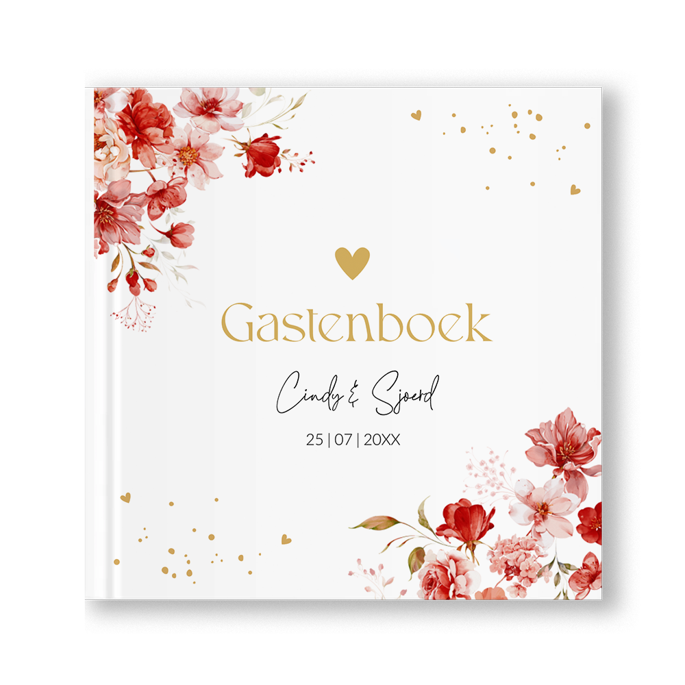 Gastenboek huwelijk rood watercolour bloemen vierkant