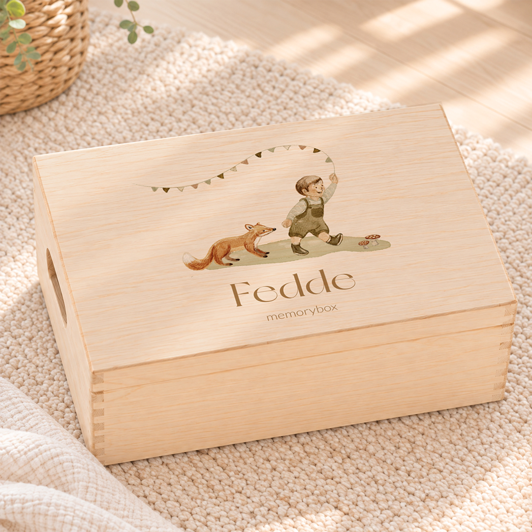memorybox geboorte illustraties jongen vos vlaggen