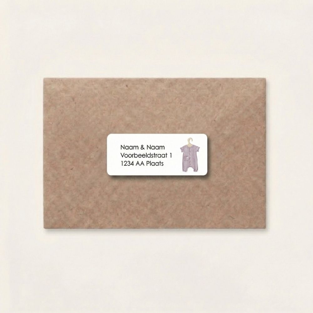 Adresstickers geboortekaartje rompertje paars