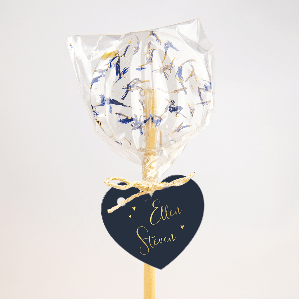 Chique trouw-labeltje met goudfolie namen en hartjes - 16 stuks