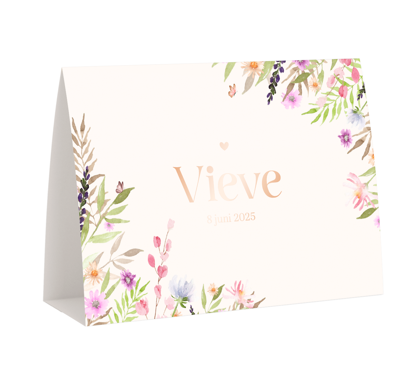 Tentkaart liggend lente met bloemen en roségoudfolie