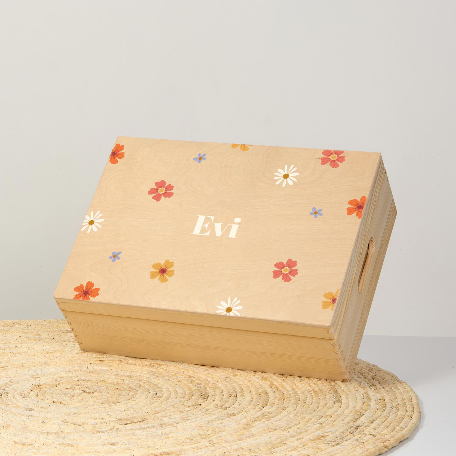 Houten memorybox met bloemen