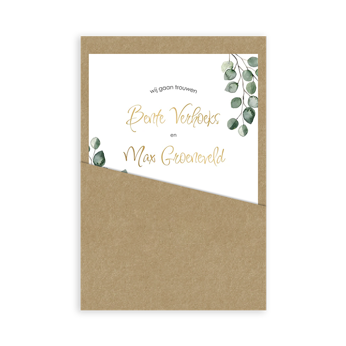 Botanische trouwkaart in pocket met folie en blaadjes