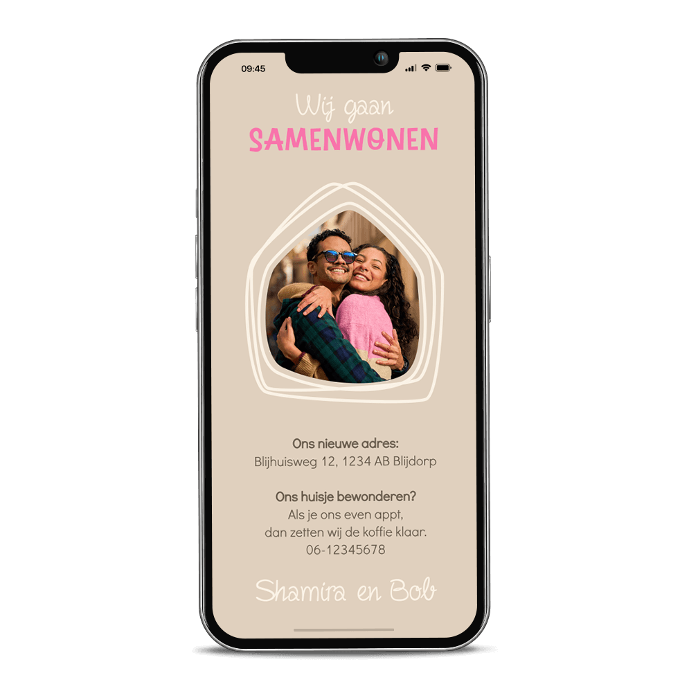 Verhuisbericht digitaal wij gaan samenwonen met huisje en eigen foto
