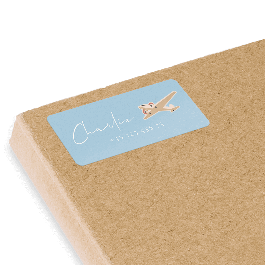 Namensaufkleber mit Flugzeug, Namen und Telefonnummer 50x20 mm