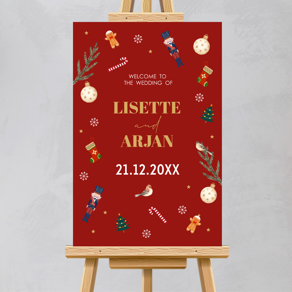 Welkomstbord bruiloft rood Christmas Wedding figuurtjes