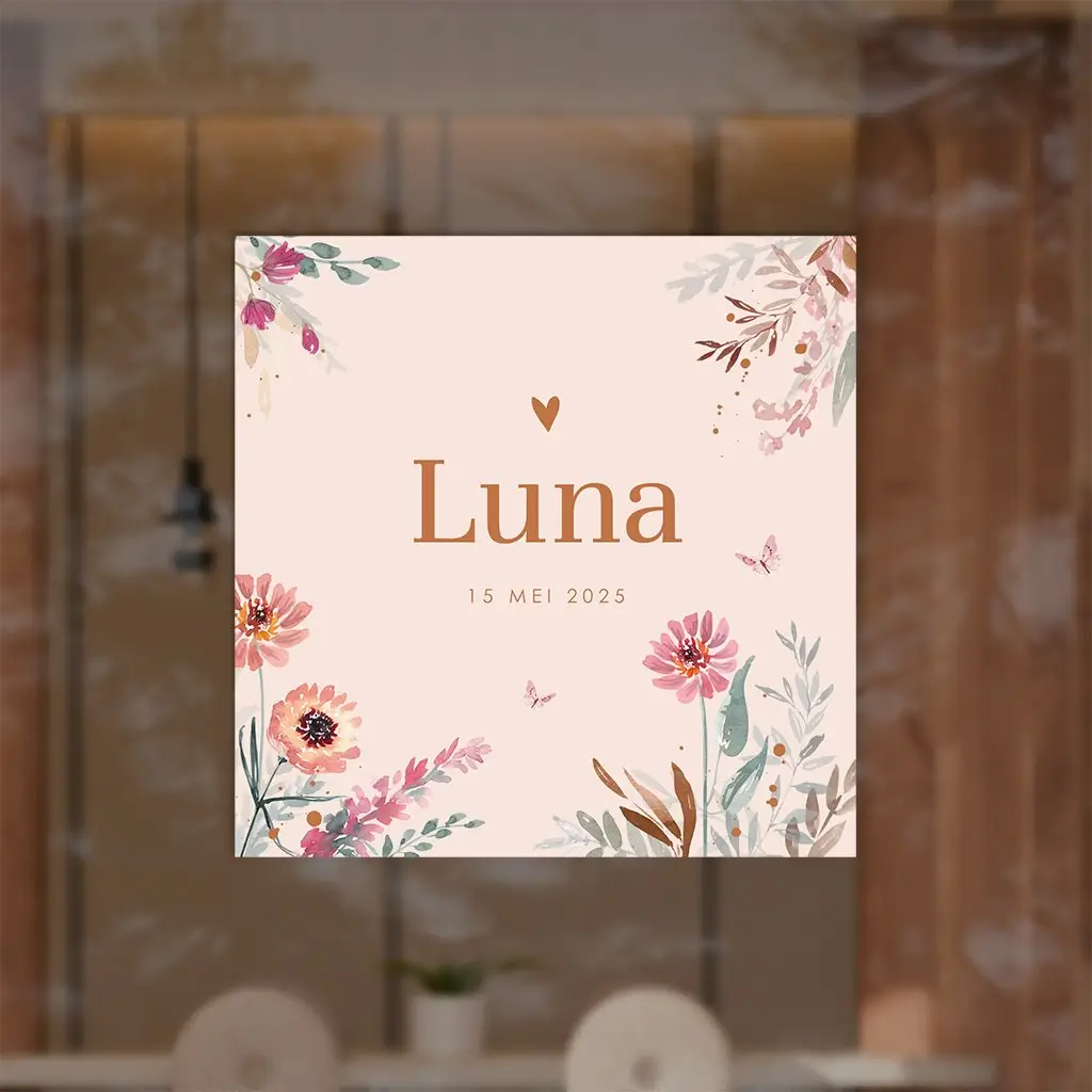 Raamsticker vierkant roze met veldbloemen