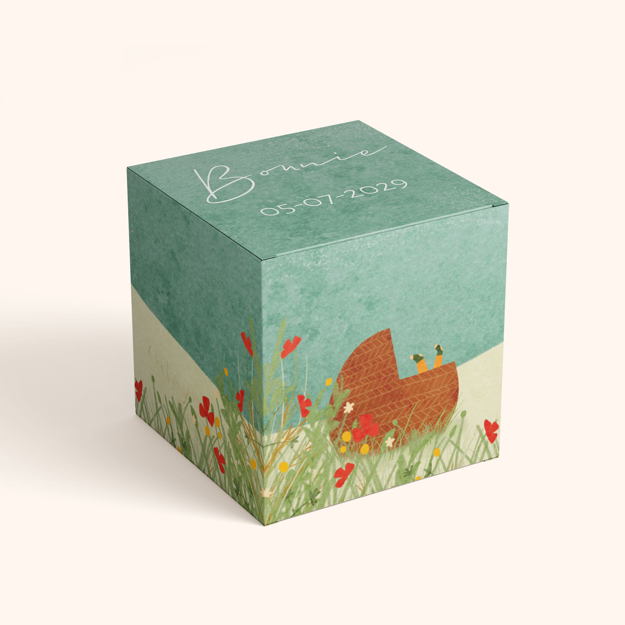 Doopsuikerdoosje landschap veldbloemen zee wiegje