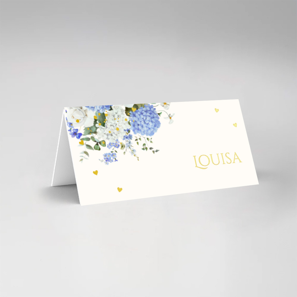 Bruiloft naamkaartjes dubbel gevouwen bloemen hortensia goudfolie