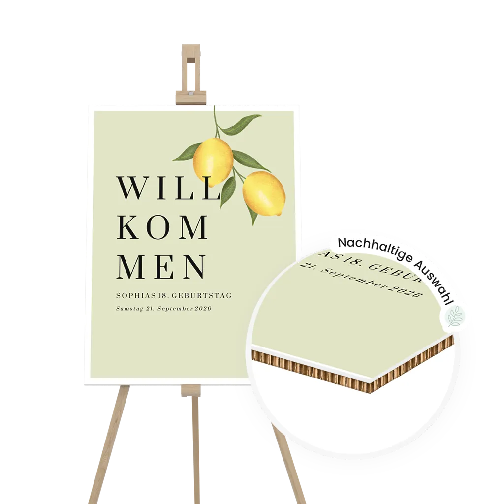 Willkommensschild mit Zitronen zum Geburtstag Re-board 55 x 73 cm