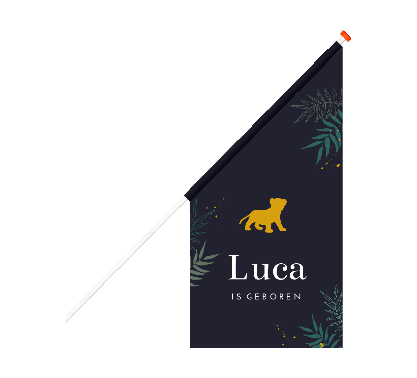 Donkerblauwe geboortevlag met welpje in de jungle