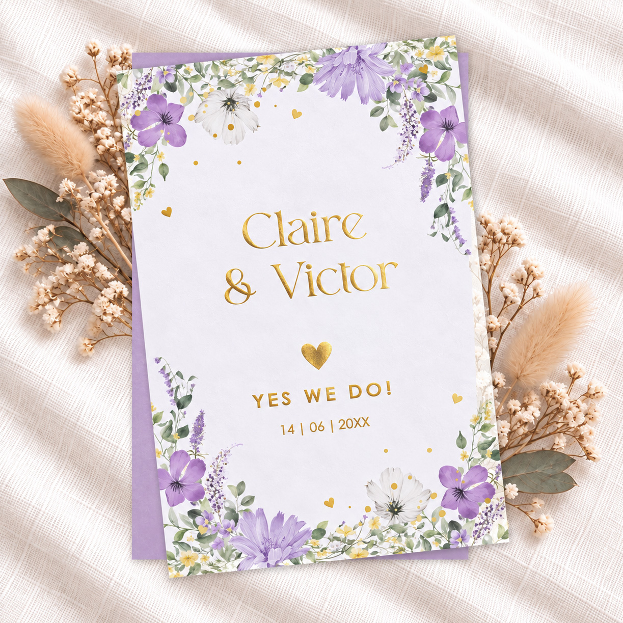 Trouwkaart kalkpapier bloemen paars goudfolie (set 2 kaarten)