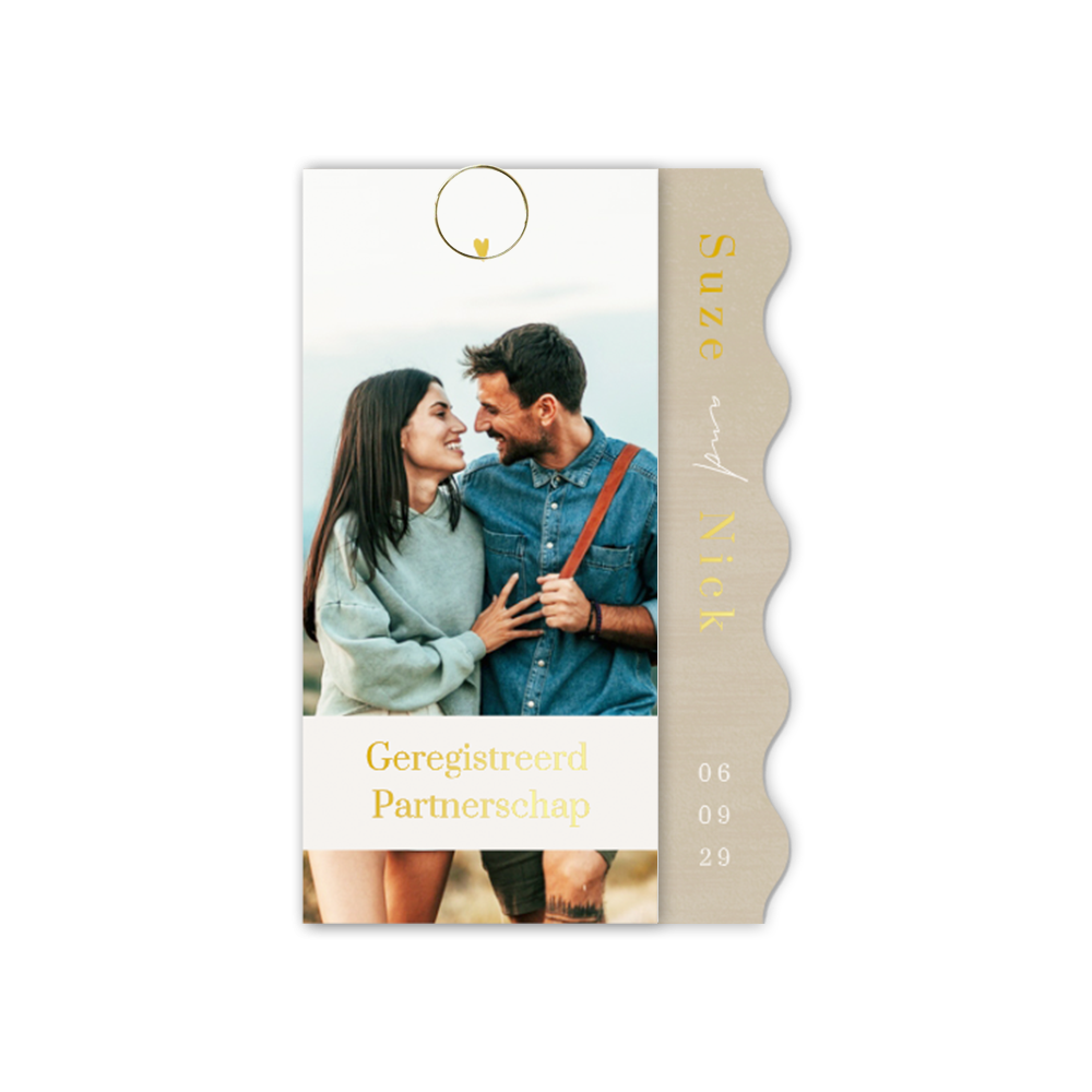 Geregistreerd partnerschap label uitnodiging met foliedruk en foto