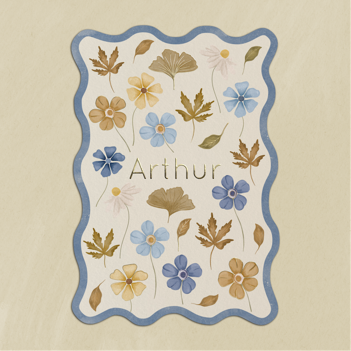 Geboortekaartje Golfvorm Bloemen herfstbladeren Jongen Blauw