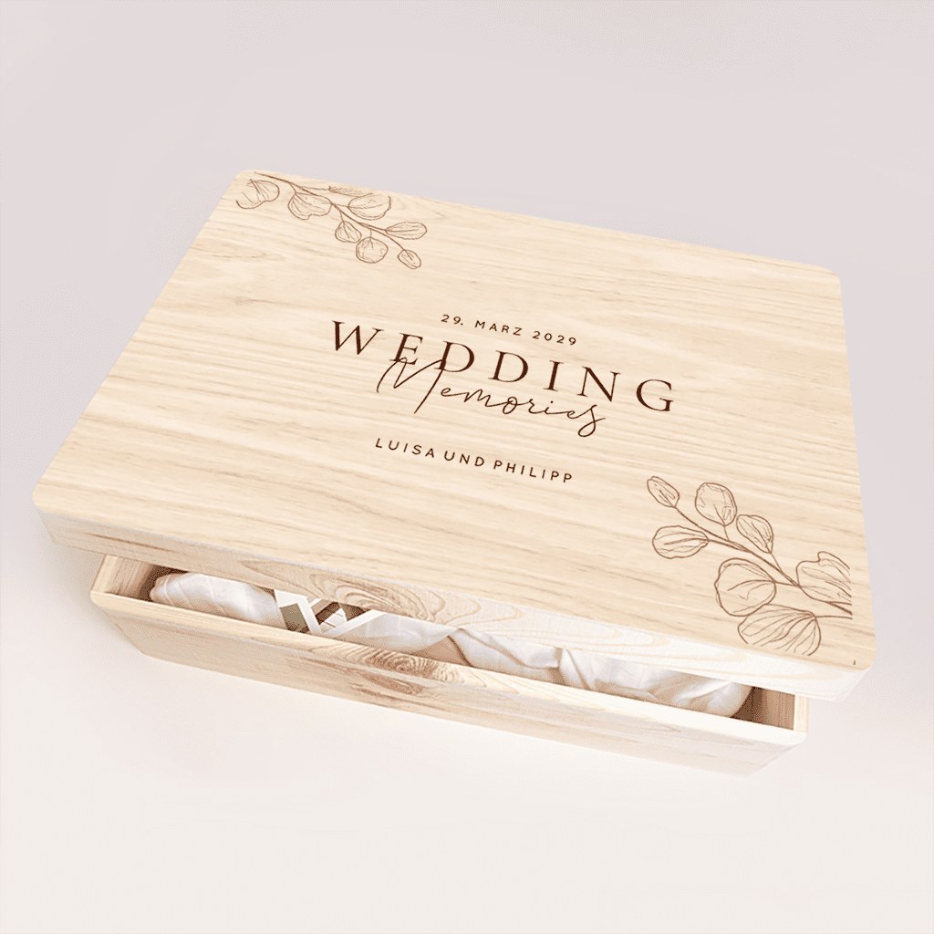 Erinnerungsbox Hochzeit mit gezeichneten Blätterzweigen