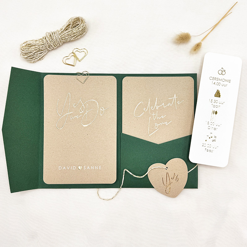 Elegante en rustieke pocketfold trouwkaart- kraft en Golden copper