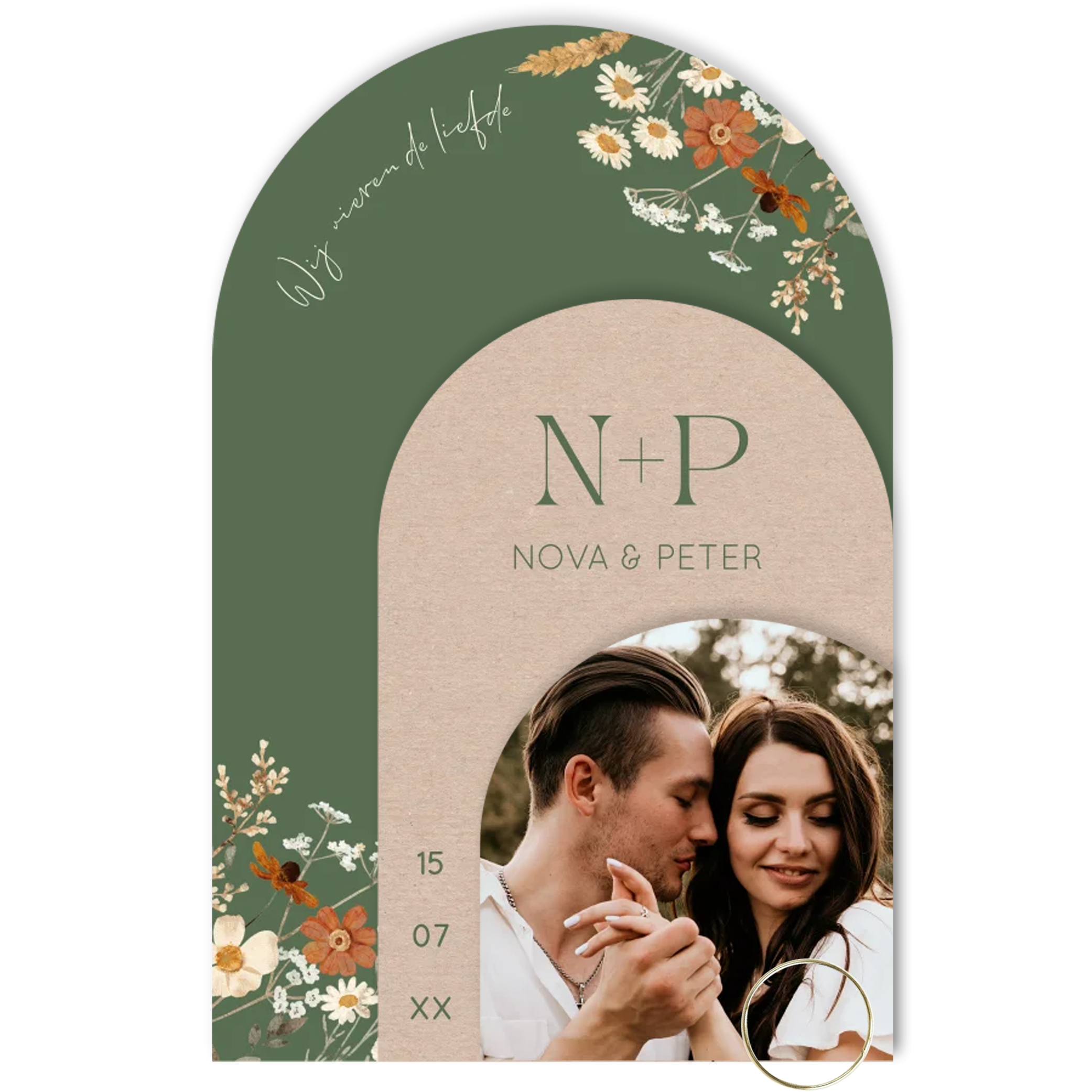 Label trouwkaart botanisch groen kraft fotolabel | 11.4 × 17.1 cm